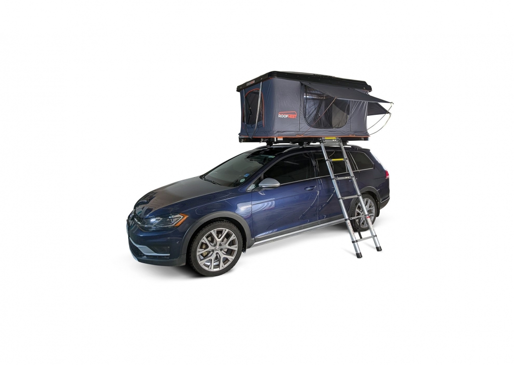 Bring your favorite stove, hang some string lights, and charge your portable speakers throughout the weekend. This all-purpose roof tent can accommodate 2 adults, has 3 larger doors, plus a window with ladders on three sides.